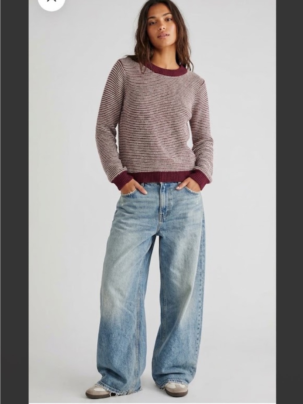 Stitches & Stripes Chunky Crew Neck Wine and White Striped Sweater Medium